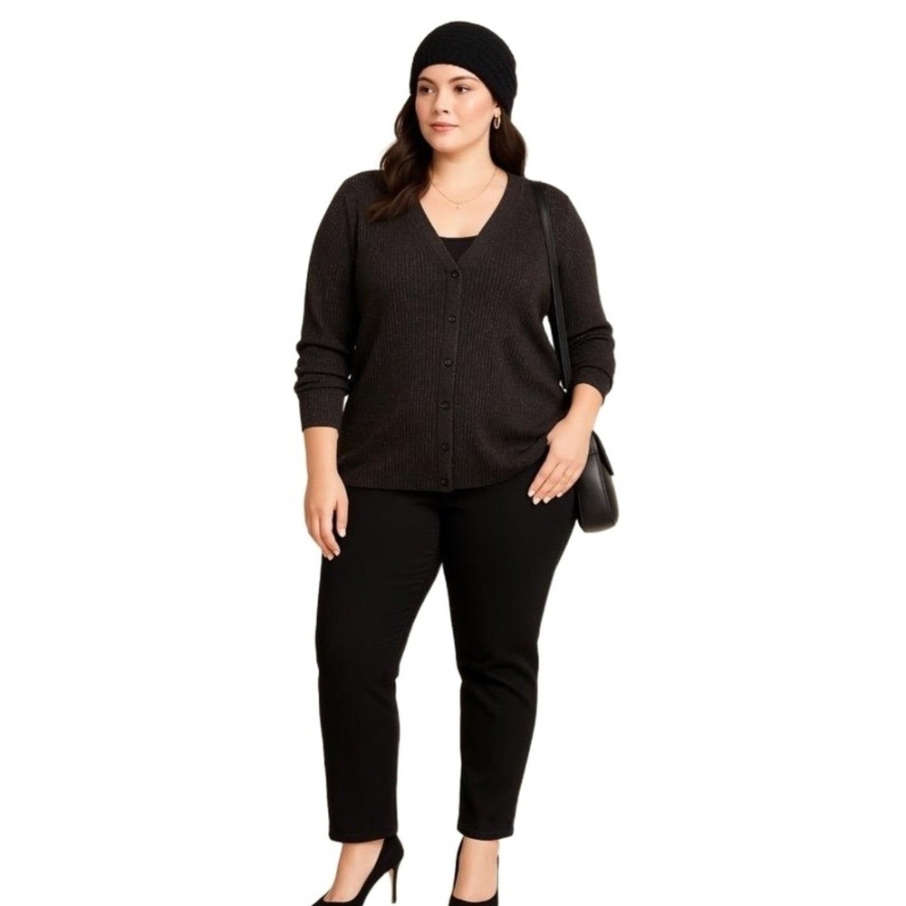 George Cardigan‎ Womans 2X Black Metallic Ribbed Button Front Sweater Office